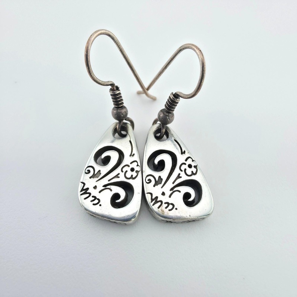 BRIGHTON 'Brazilian' Earrings Dangle Drop Etched Scroll Cutout Silver Plate 1.5"